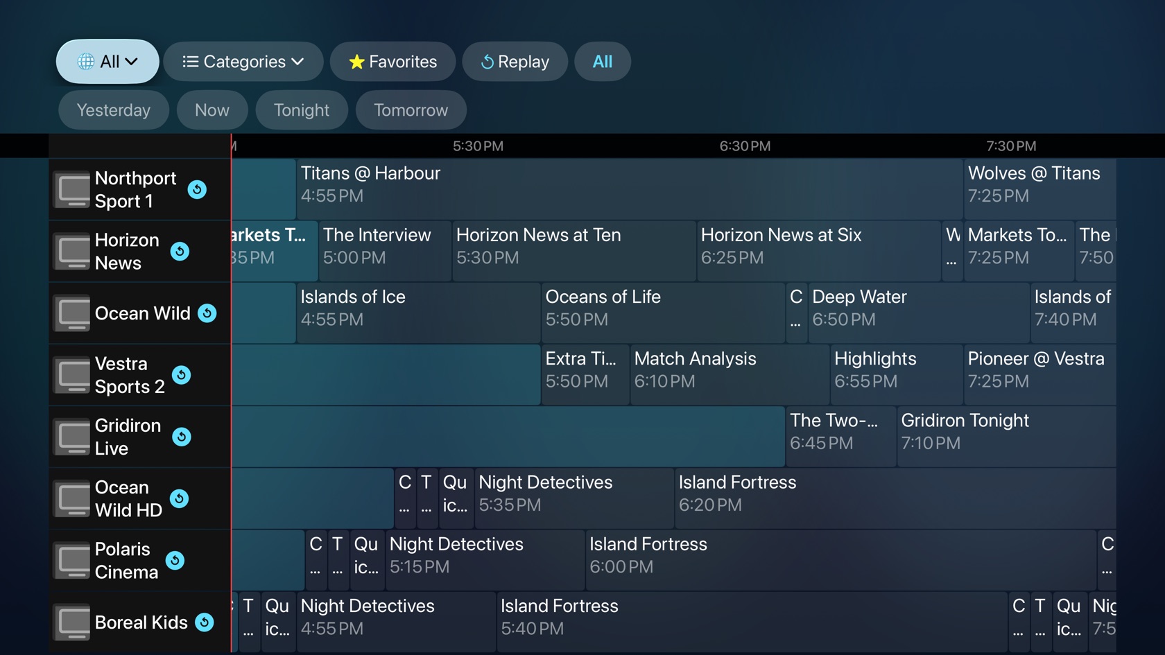 The full EPG grid on Apple TV: pinned channel column, red now-line, three days of history