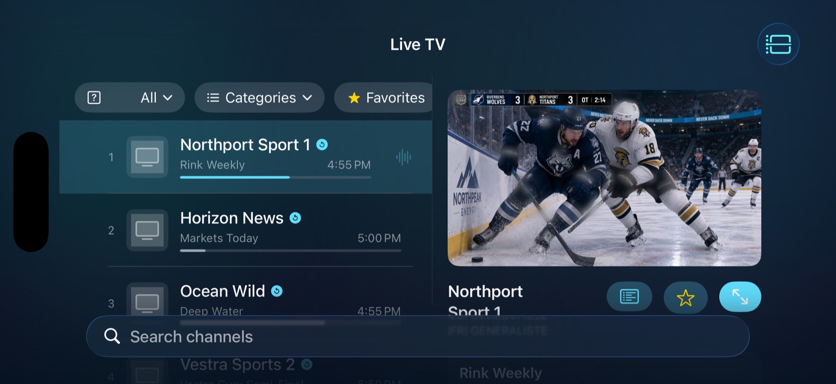 North IPTV on iPhone: the channel list beside a live preview playing a hockey game