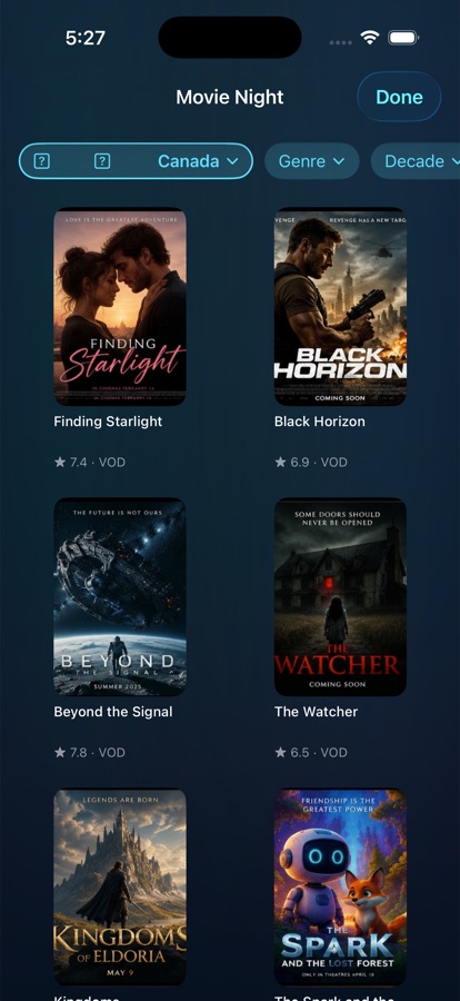 Movie Night: a wall of film posters filtered from the user's own catalogue